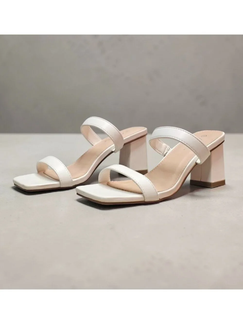 White Faux Leather Block Heel Sandals With Double Straps & Square Toe For Women - Picture 12 of 15